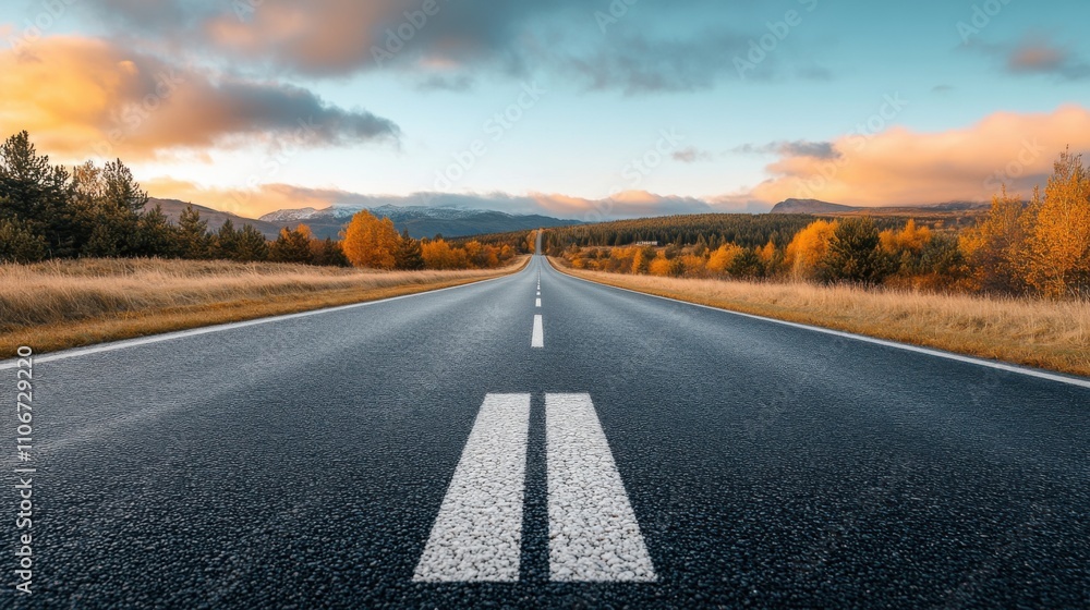 Naklejka premium Scenic Highway Under Bright Horizon at Sunset