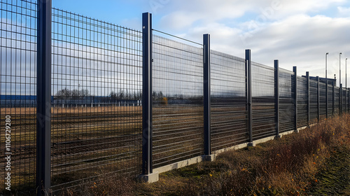 Black Metal Wire Fence Encloses Empty Field Under Sky