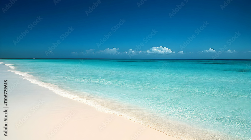 Tranquil turquoise ocean waves gently caress a pristine white sandy beach under a vibrant blue sky, creating a breathtaking tropical paradise. Tranquil turquoise ocean waves gently caress a pristine white sandy beach under a vibrant blue sky, creating a breathtaking tropical paradise.