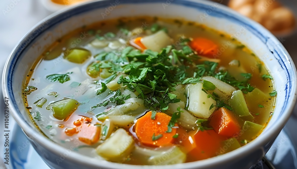 a bowl of vegetable soup with herbs a bowl of vegetable soup with herbs