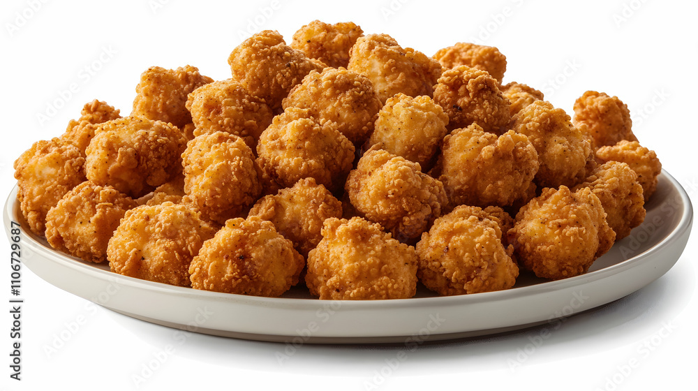 A Plate of Crispy Fried Chicken Popcorn, Golden Brown and Seasoned, Ready to Eat A Plate of Crispy Fried Chicken Popcorn, Golden Brown and Seasoned, Ready to Eat