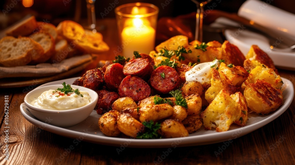 A tantalizing platter of Spanish tapas featuring patatas bravas, chorizo, and croquettes A tantalizing platter of Spanish tapas featuring patatas bravas, chorizo, and croquettes