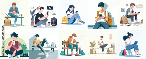 Vector set of a teenager taking a short break with a simple flat design style