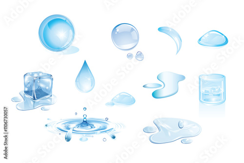 Set of rain drops isolated on transparent background. Vector blue bubbles, water elements or dew pattern, water cup, water drops