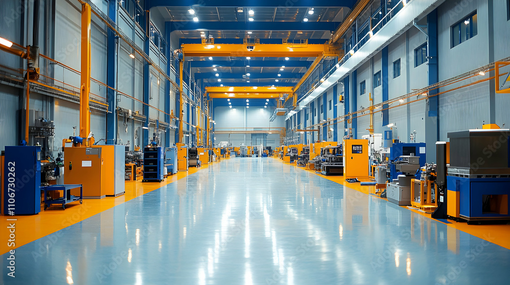 Industrial Factory Interior: Clean Room with Machinery and Overhead Cranes Industrial Factory Interior: Clean Room with Machinery and Overhead Cranes