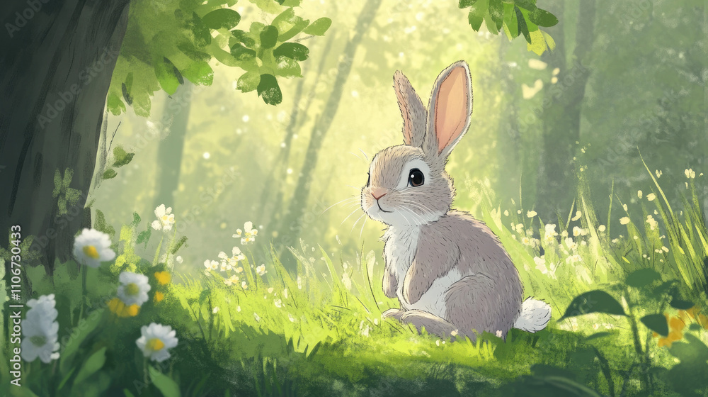 Lively bunny, crayon style, fairy tale, looking at camera, side view, outdoors, with grass and trees on the back and some flowers on the side Lively bunny, crayon style, fairy tale, looking at camera, side view, outdoors, with grass and trees on the back and some flowers on the side