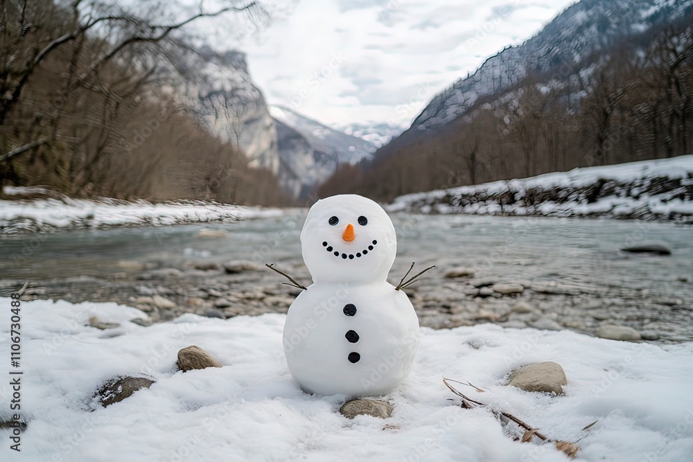 Obraz premium Panoramic view of happy snowman in winter secenery with copy space with generative ai