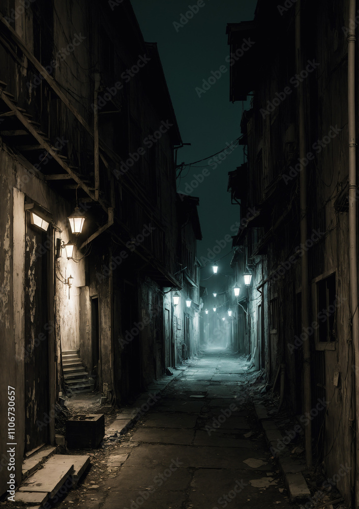 street in the old town with creepy lights in the distance street in the old town with creepy lights in the distance