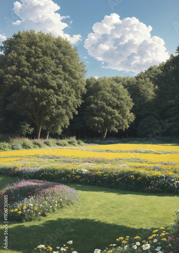 spring in the park with bushy trees and fluffy clouds photo