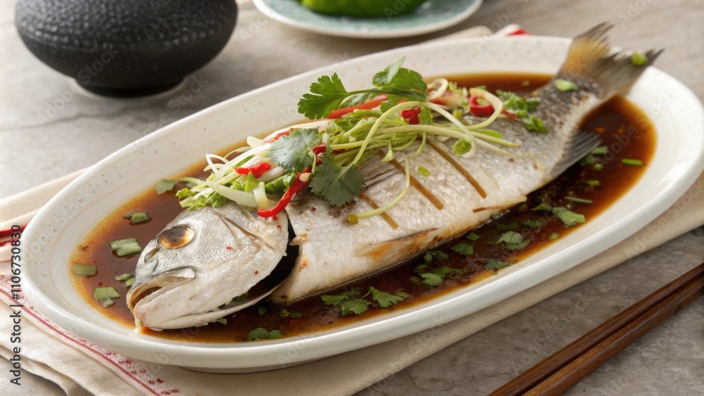 Whole Fish A beautifully steamed whole fish garnished with finely chopped cilantro spring onions and a drizzle of soy sauce. The fish is presented on an elegant serving dish with Whole Fish A beautifully steamed whole fish garnished with finely chopped cilantro spring onions and a drizzle of soy sauce. The fish is presented on an elegant serving dish with