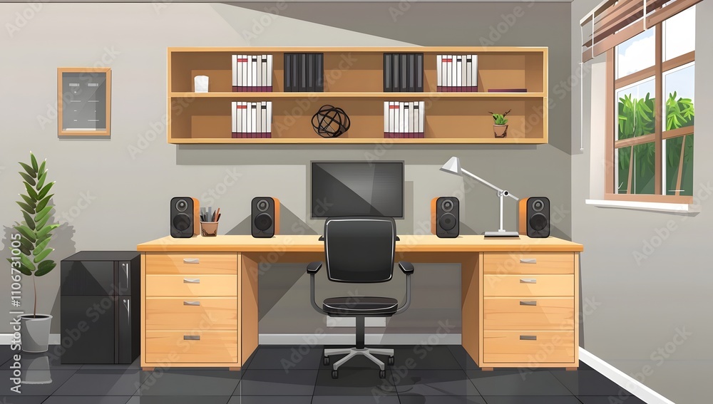 Modern home office workspace with wooden desk, computer, and bookshelf. Modern home office workspace with wooden desk, computer, and bookshelf.
