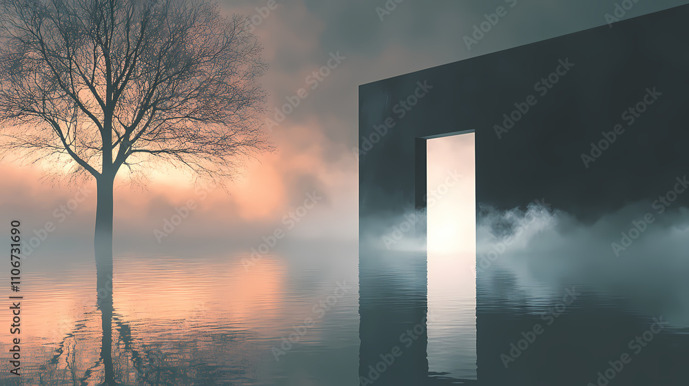 Hidden portals emerging from misty lake, serene landscape, ethereal light creating a dreamlike setting. Ethereality. Illustration Hidden portals emerging from misty lake, serene landscape, ethereal light creating a dreamlike setting. Ethereality. Illustration
