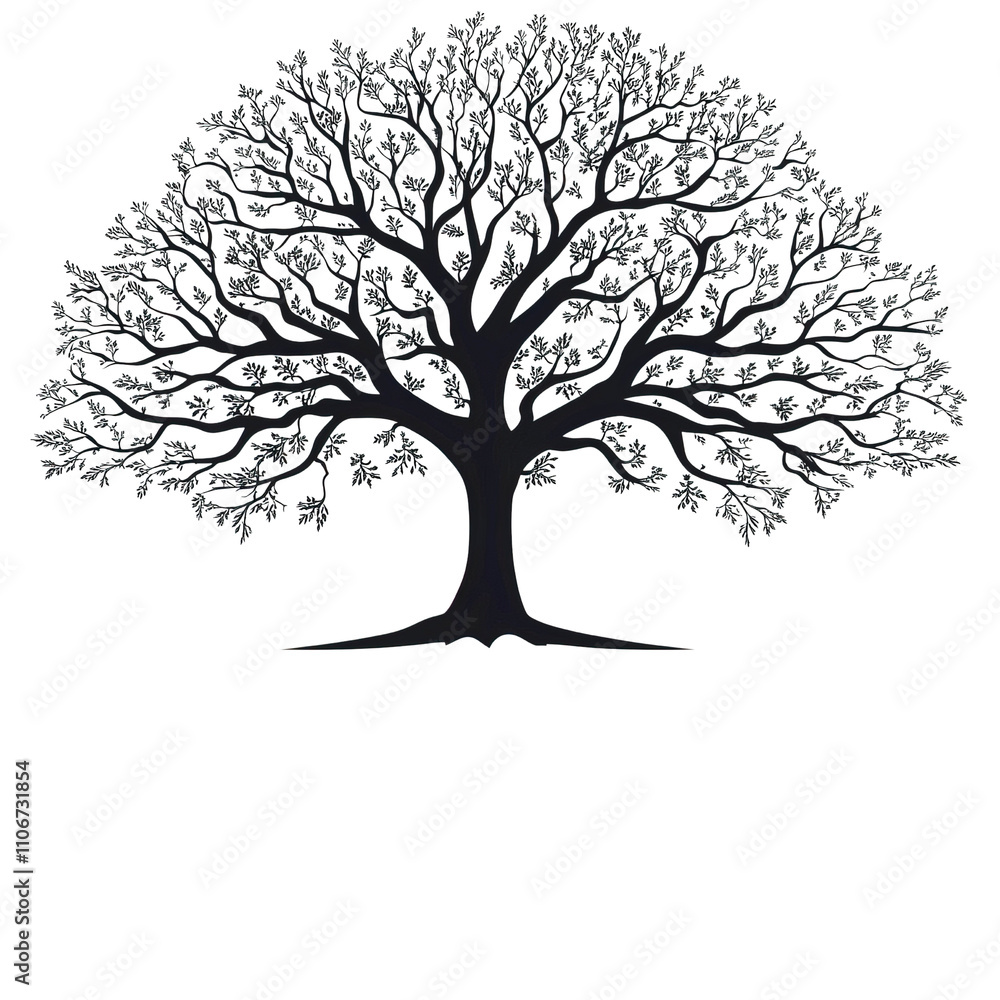 Fototapeta premium A deciduous tree silhouette, seasonal theme, broad canopy, defined black graphic, isolated on white background