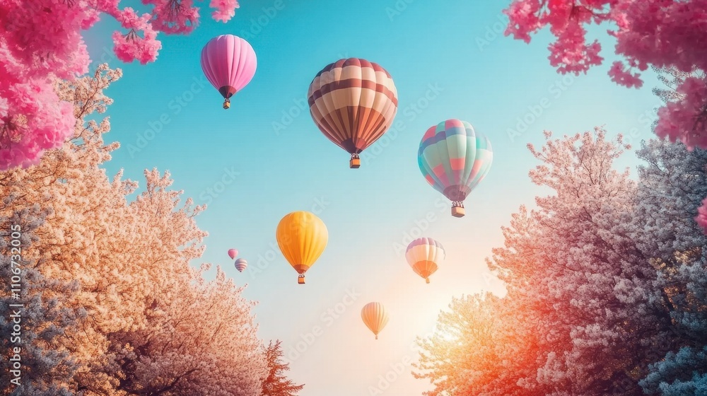 Obraz premium Colorful Hot Air Balloons Over Blossoming Trees
