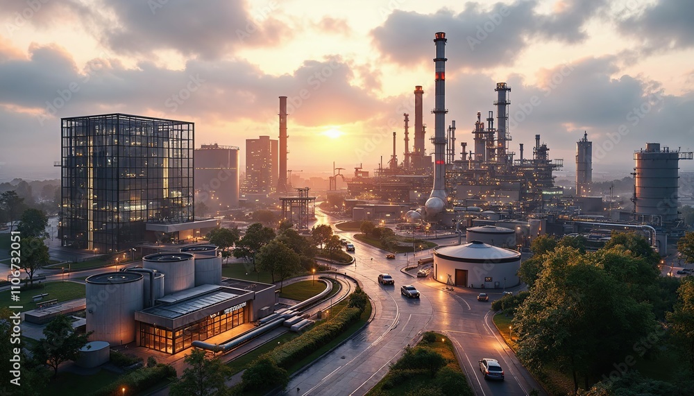 Obraz premium Industrial Sunrise: A captivating aerial view of a sprawling industrial complex at sunrise, showcasing a blend of modern architecture and heavy industry against a vibrant sky.