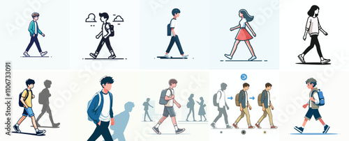 Vector set of a teenager walking with a simple flat design style