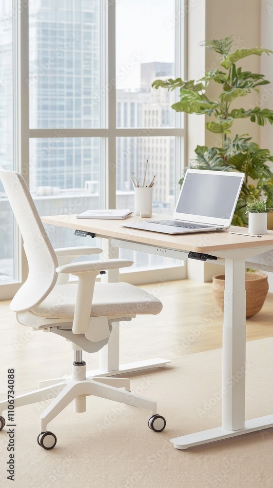 A laptop is on a desk next to a plant and a cup A laptop is on a desk next to a plant and a cup