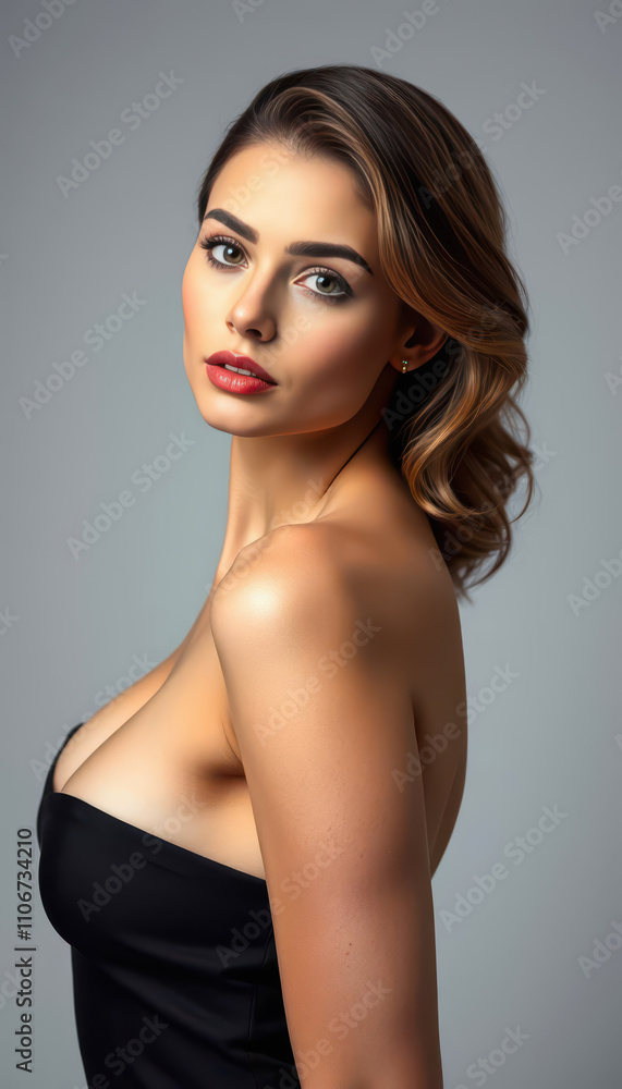 Naklejka premium Elegant female model in a stunning emerald dress exuding confidence and charm in a luxurious studio setting showcasing the timeless beauty of modern high-end style