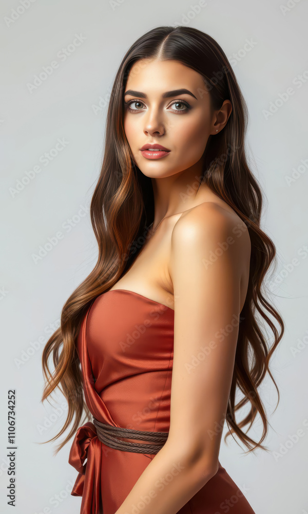 Modern female model exuding confidence and grace in a fashionable tight outfit posing elegantly in a studio portrait of timeless charm and contemporary high fashion Modern female model exuding confidence and grace in a fashionable tight outfit posing elegantly in a studio portrait of timeless charm and contemporary high fashion