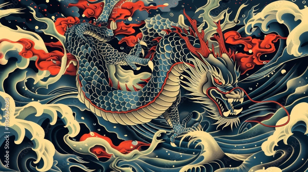 Obraz premium Majestic Asian Dragon Amidst Turbulent Waves: A Digital Painting of Mythical Creature