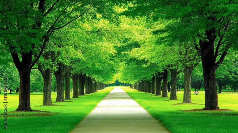 Serene Park Pathway Surrounded by Lush Green Trees Serene Park Pathway Surrounded by Lush Green Trees