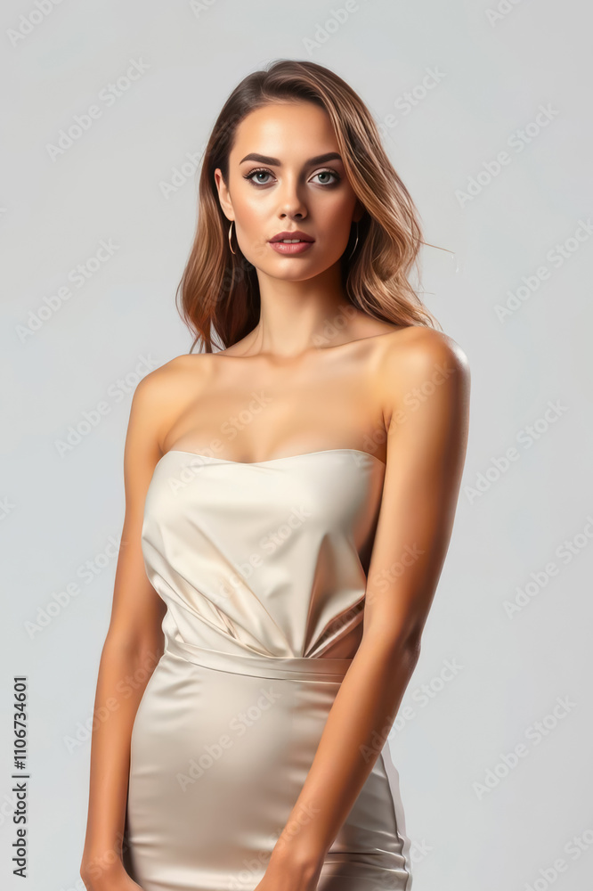 Gorgeous young model in a stylish outfit with flawless features posing gracefully in a studio setting celebrating the essence of beauty and high-end modern fashion Gorgeous young model in a stylish outfit with flawless features posing gracefully in a studio setting celebrating the essence of beauty and high-end modern fashion