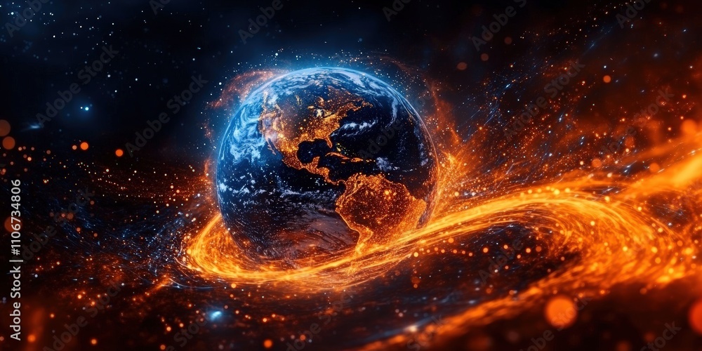 Obraz premium Stunning view of Earth surrounded by fiery cosmic energy in a swirling galaxy, showcasing vibrant colors and an enchanting universe filled with stars
