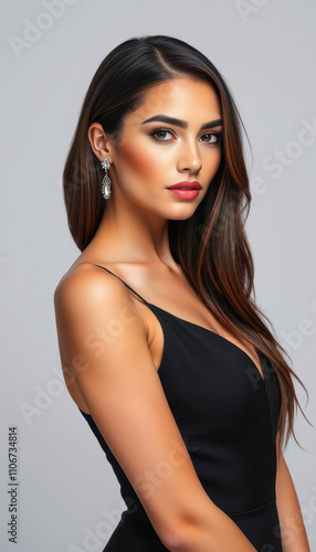 Gorgeous lady with radiant makeup and flowing hair posing gracefully in a stylish latex dress celebrating the harmony of beauty and sophistication in high-fashion glamour