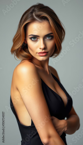 Wallpaper Mural Elegant woman in a stylish black outfit with radiant makeup exuding confidence and grace in a professional studio shot showcasing the beauty of contemporary high-fashion glamour Torontodigital.ca