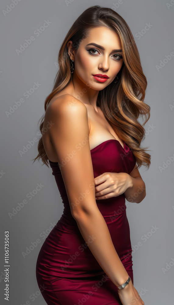 Gorgeous young lady in a fashionable outfit with radiant makeup and sleek hair posing gracefully in a studio environment celebrating the charm of high-end modern style Gorgeous young lady in a fashionable outfit with radiant makeup and sleek hair posing gracefully in a studio environment celebrating the charm of high-end modern style