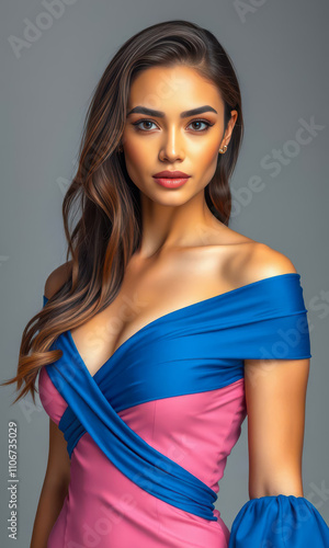 Charming lady in a sleek tight dress exuding charm and grace in a luxurious studio shot highlighting the beauty and elegance of high-fashion contemporary aesthetics photo