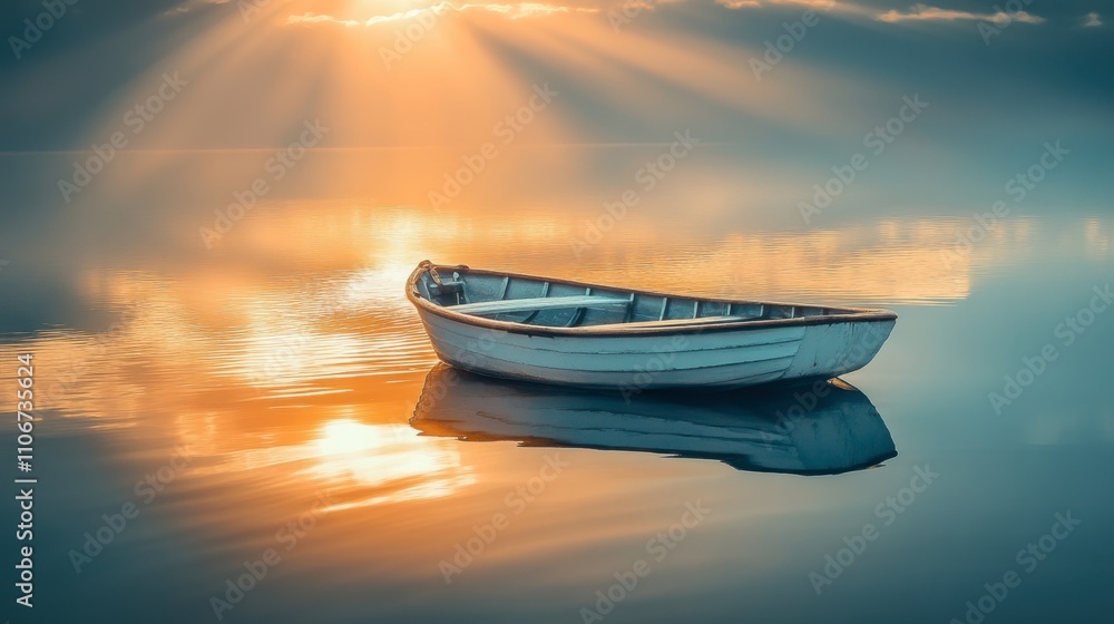 Tranquil Rowboat on a Calm Lake at Sunset Tranquil Rowboat on a Calm Lake at Sunset