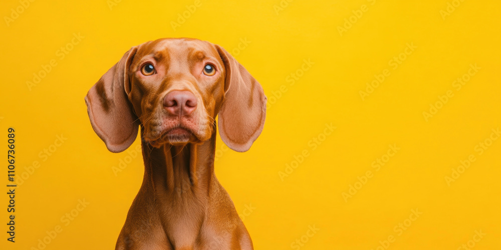 close up studio portrait of Vizsla dog against bright yellow background, showcasing its expressive eyes and unique features. This captures dog calm demeanor and elegance close up studio portrait of Vizsla dog against bright yellow background, showcasing its expressive eyes and unique features. This captures dog calm demeanor and elegance