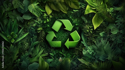 Recycling awareness campaign urban park graphic design lush green environment close-up view sustainability concept