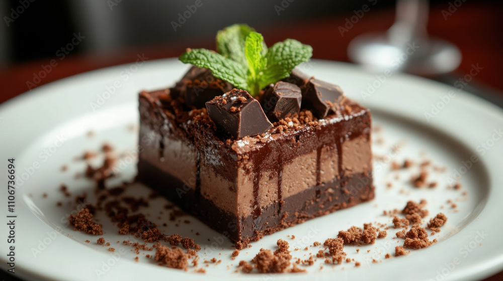 Decadent chocolate brownie dessert with mint garnish and chocolate chunks, perfect for indulgence Decadent chocolate brownie dessert with mint garnish and chocolate chunks, perfect for indulgence