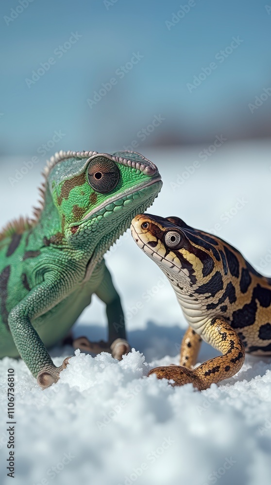 Fototapeta premium Chameleon and Boa Constrictor Enjoying a Ski Outing in the Winter Landscape. Generative AI