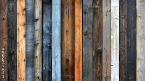 Vertical Colorful Wooden Planks Background Texture: A Detailed Image of Various Stained and Unstained Wood photo