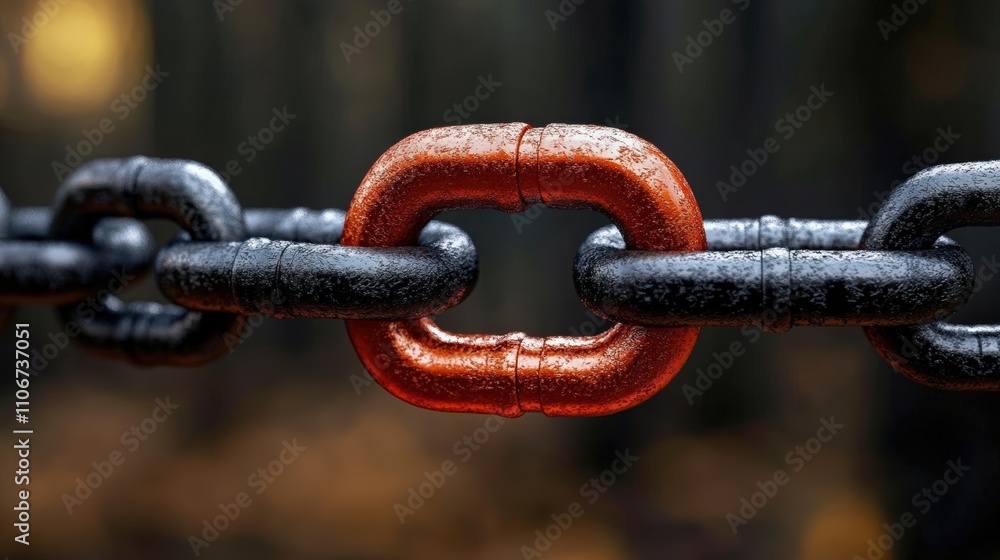 Close-Up of a Unique Metal Chain Link in Dark Forest Background Showcasing a Contrast of Bright Red and Rusty Black Links with a Bokeh Effect Close-Up of a Unique Metal Chain Link in Dark Forest Background Showcasing a Contrast of Bright Red and Rusty Black Links with a Bokeh Effect
