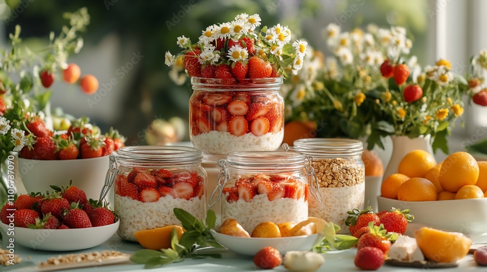 Fresh strawberries and yogurt parfaits in glass jars, adorned with flowers and fruits. Fresh strawberries and yogurt parfaits in glass jars, adorned with flowers and fruits.