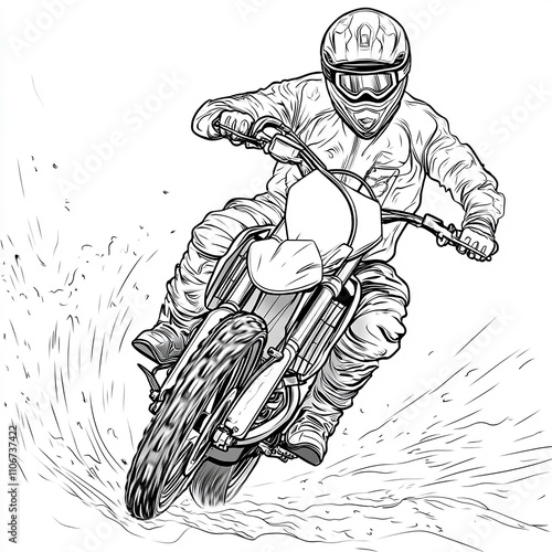 A coloring page of a dirt bike rider riding a motorcycle