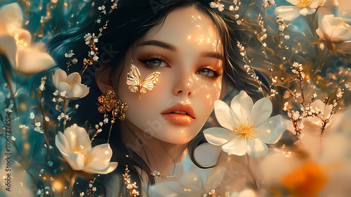 Ethereal beauty surrounded by delicate flowers, golden jewelry glimmers softly, capturing a moment of serene elegance in a dreamlike, floral-infused landscape. Ethereality. Illustration photo