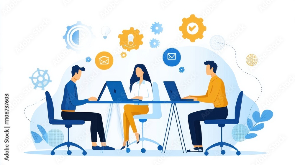 Two people standing in front of a desk Two people standing in front of a desk