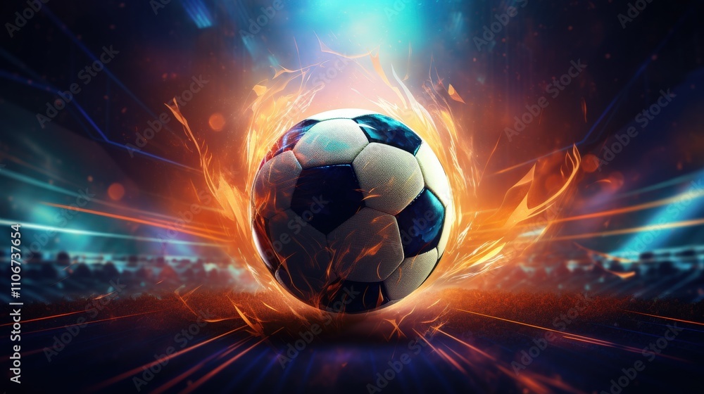 Fototapeta premium Dynamic Soccer Ball Ignite Action Stadium Digital Art Energetic Perspective Sport Concept