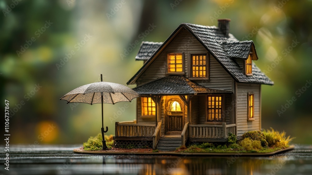 Charming miniature house model artistic showcase home decor lush green background warm ambiance cozy concept