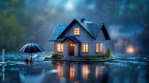 Cozy house in rainy weather home nighttime scene tranquil environment serene viewpoint comfort concept