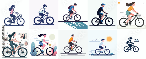 Vector set of a teenager cycling with a simple flat design style