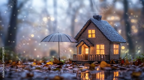 Cozy miniature house with umbrella in a misty forest setting charming scene nature photography enchanting atmosphere photo