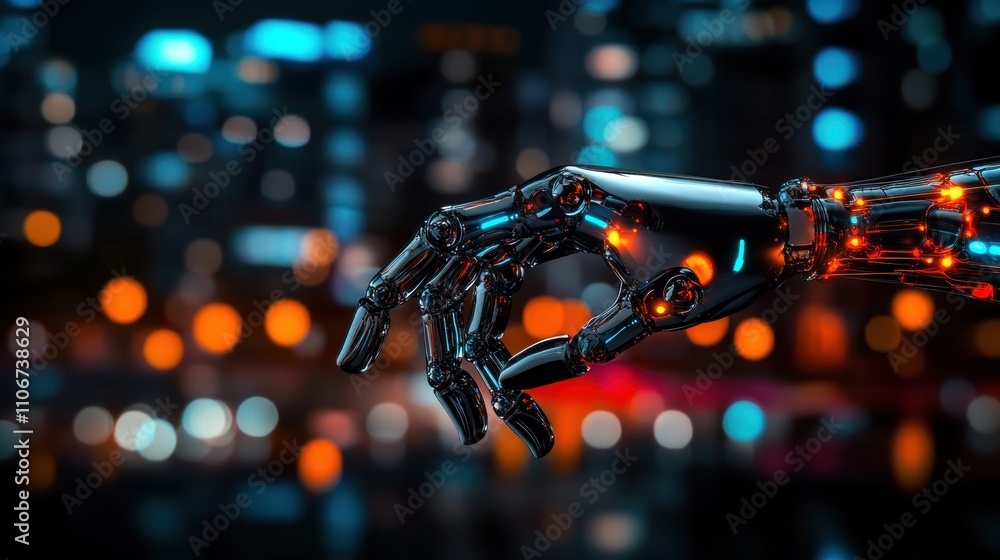 Futuristic robotic hand reaching out in a cityscape technology art nighttime environment close-up viewpoint Futuristic robotic hand reaching out in a cityscape technology art nighttime environment close-up viewpoint