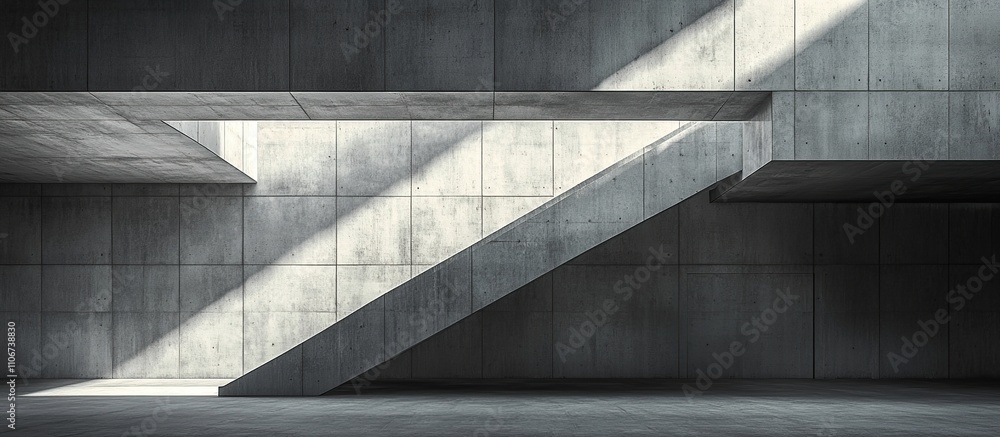 Fototapeta premium A minimalist concrete interior featuring geometric stairs and natural light.