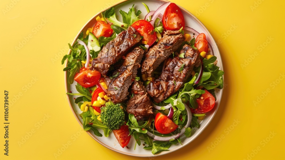 Grilled beef shawarma with salad on a plate, on yellow background with top view. Grilled beef shawarma with salad on a plate, on yellow background with top view.